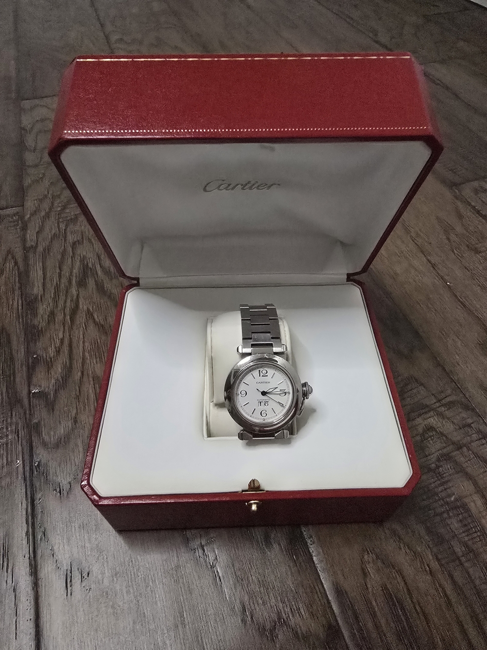 Cartier Pasha C Big Date Wristwatch in Silver with Red Presentation Box